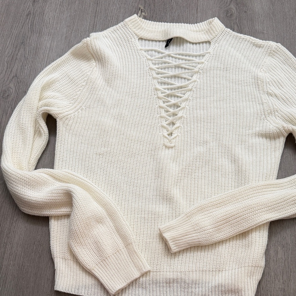 Poof! Cream V-Neck Sweater with Lace-Up Design